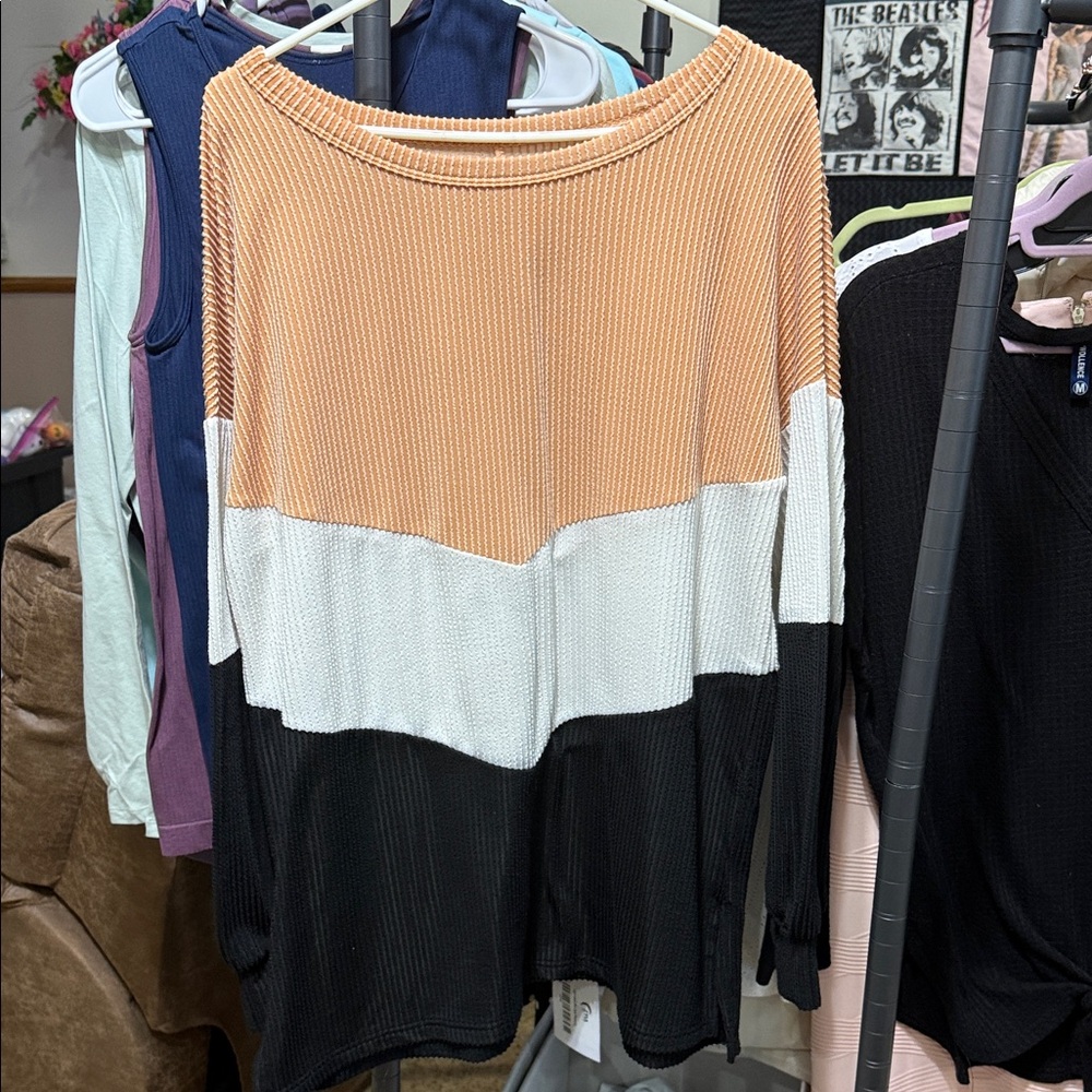 Colorblock Long Sleeve Waffle Knit Top - Peach, White & Black